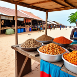 **

A vibrant marketplace in Guinea-Bissau, showcasing cashew nuts alongside diverse local products like fresh fish and colorful crafts. In the background, a glimpse of a pristine beach hints at the potential for eco-tourism. Focus on the energy and entrepreneurial spirit of the people.

**