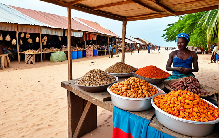 **
A vibrant marketplace in Guinea-Bissau, showcasing cashew nuts alongside diverse local products like fresh fish and colorful crafts. In the background, a glimpse of a pristine beach hints at the potential for eco-tourism. Focus on the energy and entrepreneurial spirit of the people.
**