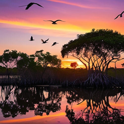 Home 6 **
Orango Grande sunset reflecting in a calm lagoon. Mangrove trees silhouette against the colorful sky with orange, pink, and purple hues. Birds flying back to their nests.
**