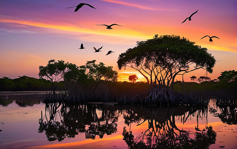 **
Orango Grande sunset reflecting in a calm lagoon. Mangrove trees silhouette against the colorful sky with orange, pink, and purple hues. Birds flying back to their nests.
**