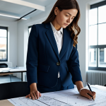 **

"A professional female architect, fully clothed in a stylish but modest blazer and trousers, standing in front of a blueprint-covered table in a brightly lit, modern architectural office.  She's holding a pen and looking thoughtfully at the plans.  Appropriate attire, safe for work, perfect anatomy, correct proportions, well-formed hands, proper finger count, professional lighting, high resolution, realistic rendering, family-friendly, safe for all audiences."

**