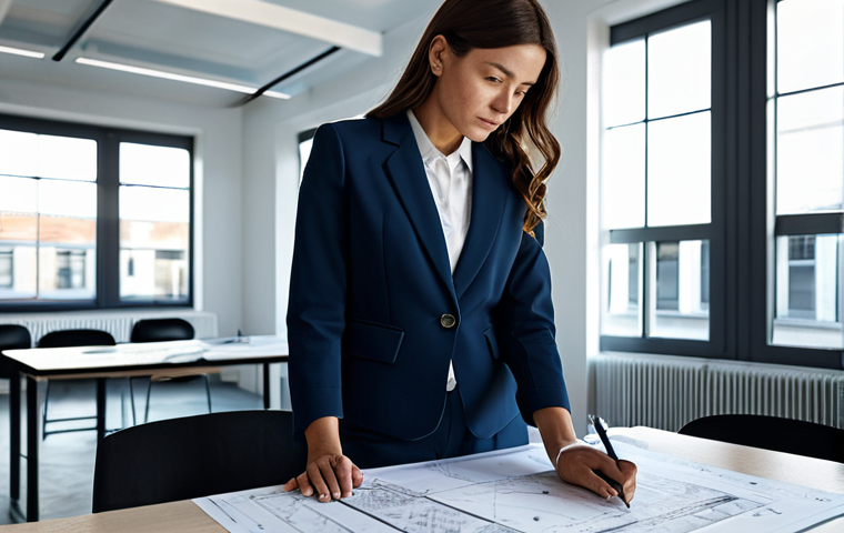 **
"A professional female architect, fully clothed in a stylish but modest blazer and trousers, standing in front of a blueprint-covered table in a brightly lit, modern architectural office. She's holding a pen and looking thoughtfully at the plans. Appropriate attire, safe for work, perfect anatomy, correct proportions, well-formed hands, proper finger count, professional lighting, high resolution, realistic rendering, family-friendly, safe for all audiences."
**