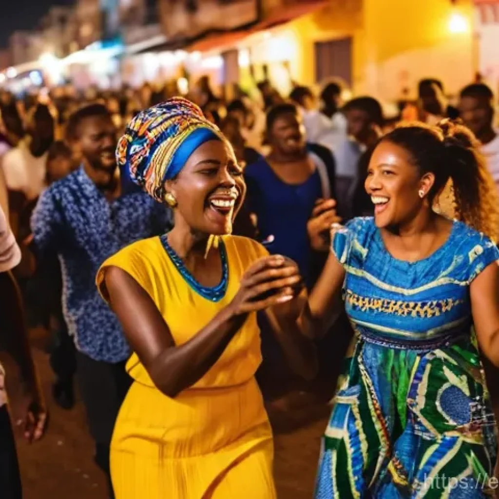 기니비사우에서 경험할 수 있는 나이트라이프 - **Vibrant Bissau Street Celebration:** "A dynamic and joyful scene in a lively Bissau street at nigh...