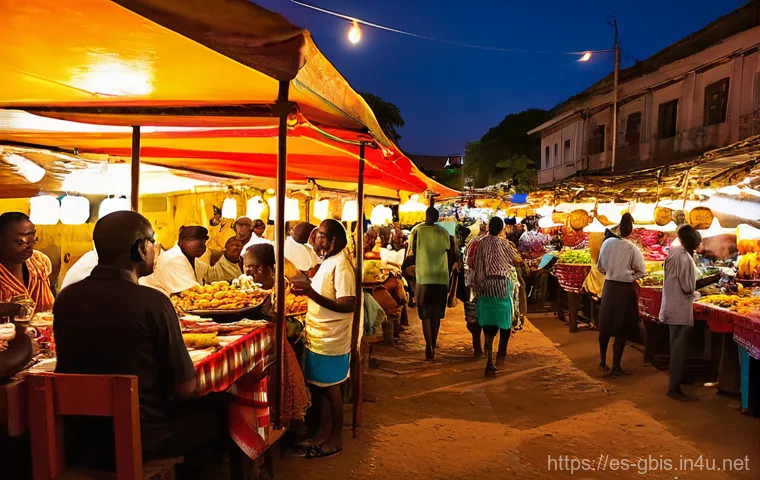 기니비사우에서 경험할 수 있는 나이트라이프 - **Vibrant Bissau Street Celebration:** "A dynamic and joyful scene in a lively Bissau street at nigh...