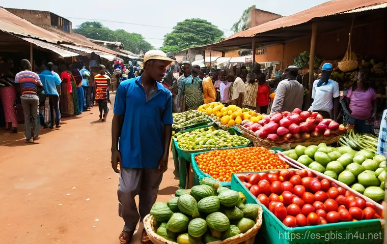 기니비사우에서 학생과 여행자를 위한 숙소 추천 - A vibrant, bustling outdoor market in Bissau, Guinea-Bissau. The scene is filled with local vendors,...