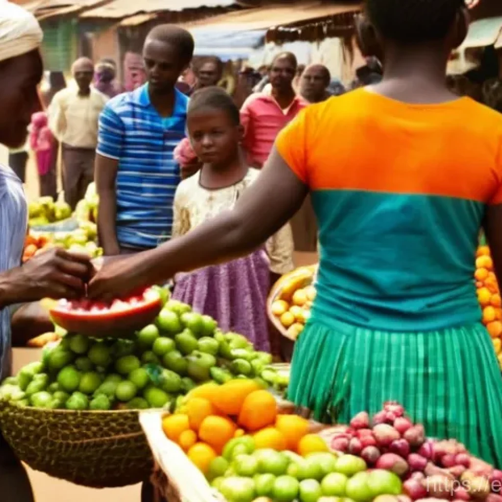 기니비사우 여행 시 환전 방법 - **Prompt:** "A vibrant, bustling outdoor market scene in Bissau, Guinea-Bissau. A friendly local ven...