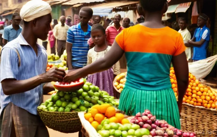 기니비사우 여행 시 환전 방법 - **Prompt:** "A vibrant, bustling outdoor market scene in Bissau, Guinea-Bissau. A friendly local ven...
