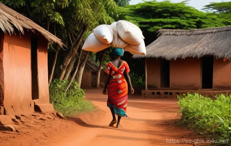 기니비사우에서 경험할 수 있는 농촌 생활 - **Red Earth Embrace: Daily Rhythms in Guinea-Bissau**
A wide shot of a rural village in Guinea-B...