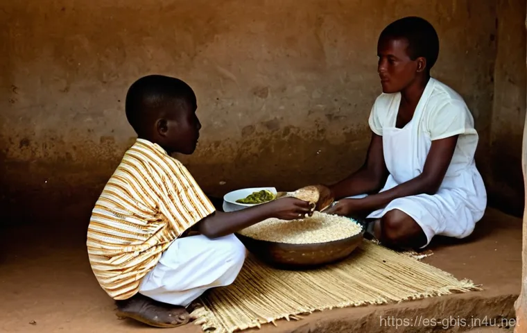 기니비사우에서 경험할 수 있는 농촌 생활 - **Red Earth Embrace: Daily Rhythms in Guinea-Bissau**
    A wide shot of a rural village in Guinea-B...