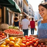 기니비사우에서의 자원 개발과 환경 문제 - A vibrant street market in a bustling Spanish city, perhaps Barcelona or Madrid. The scene is full o...
