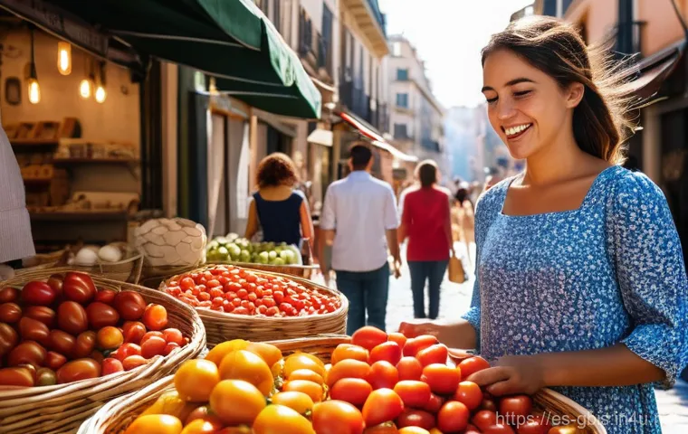 기니비사우에서의 자원 개발과 환경 문제 - A vibrant street market in a bustling Spanish city, perhaps Barcelona or Madrid. The scene is full o...