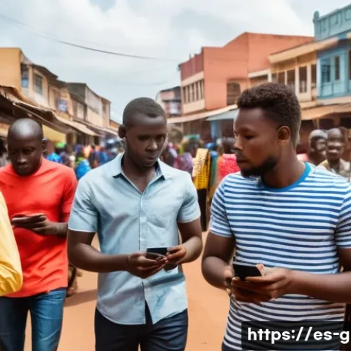 기니비사우에서 인터넷과 통신 환경 - A bustling urban street scene in Bissau, Guinea-Bissau, showcasing diverse people using affordable s...