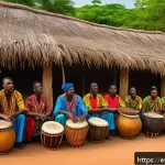 기니비사우의 전통 악기와 음악 문화 - A vibrant scene depicting a traditional Guinea-Bissau village ceremony at dusk, featuring a group of...