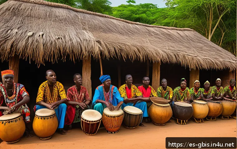 기니비사우의 전통 악기와 음악 문화 - A vibrant scene depicting a traditional Guinea-Bissau village ceremony at dusk, featuring a group of...