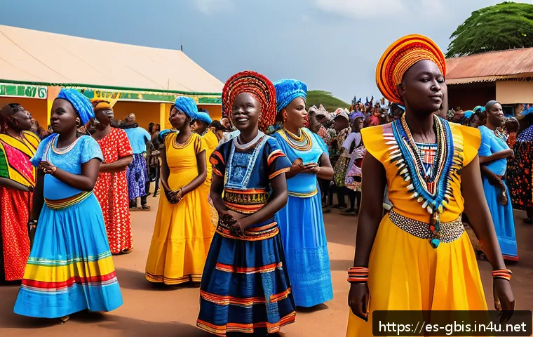 기니비사우에서 국제 교류 및 외교 정책 - A vibrant scene of a cultural festival in Guinea-Bissau, showcasing traditional West African music a...
