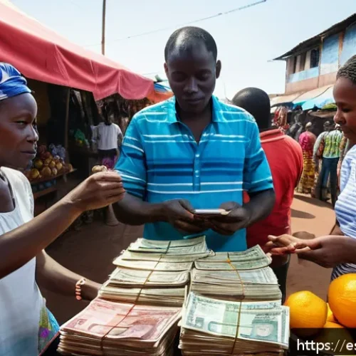 기니비사우에서 사용되는 화폐와 환율 - A vibrant street market scene in Guinea-Bissau showcasing colorful CFA franc banknotes being exchang...