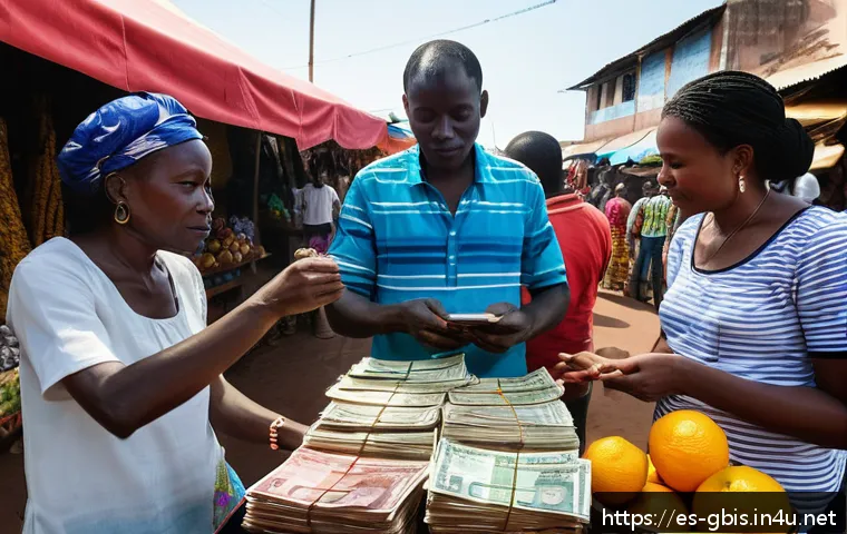 기니비사우에서 사용되는 화폐와 환율 - A vibrant street market scene in Guinea-Bissau showcasing colorful CFA franc banknotes being exchang...