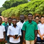 기니비사우에서 유학과 교육 기회 - A vibrant university campus in Guinea-Bissau featuring diverse international students engaged in a c...