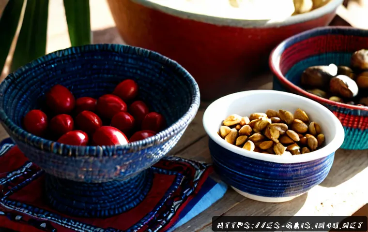 기니비사우에서 가장 인기 있는 기념품 - Photorealistic close-up of popular Guinea-Bissau souvenirs arranged on a rustic wooden market table:...